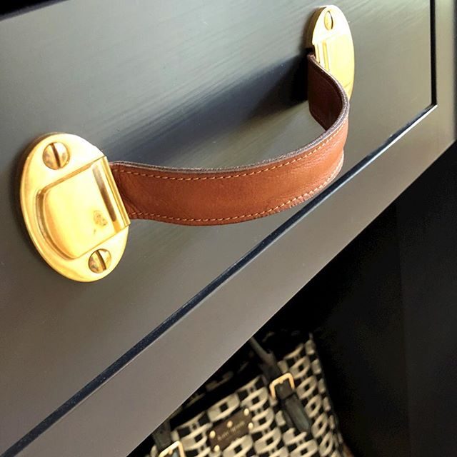 leather and in-lacquered brass on hand painted cabinets