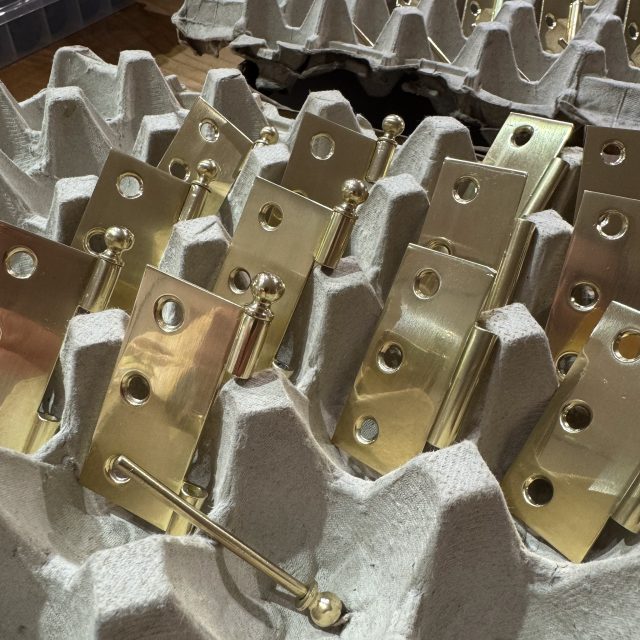 These brass hinges are over 120 years old! Some fine attention to detail and a bit of talent (and a copper, nickel and brass tank) have made them look perfect. #restoration #restoredhardware #wilmette